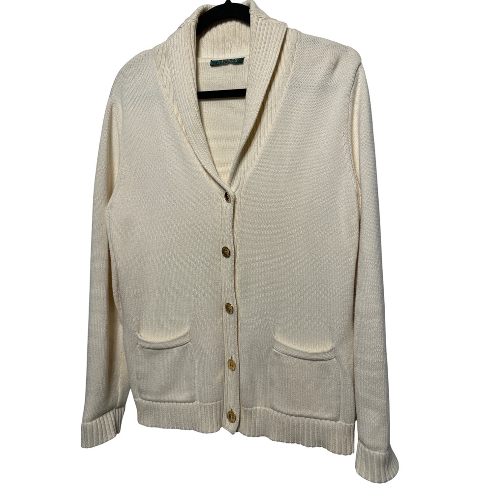 Lauren Ralph Lauren Cream Shawl Collar Gold Button Cardigan 21" Wide 27" Long